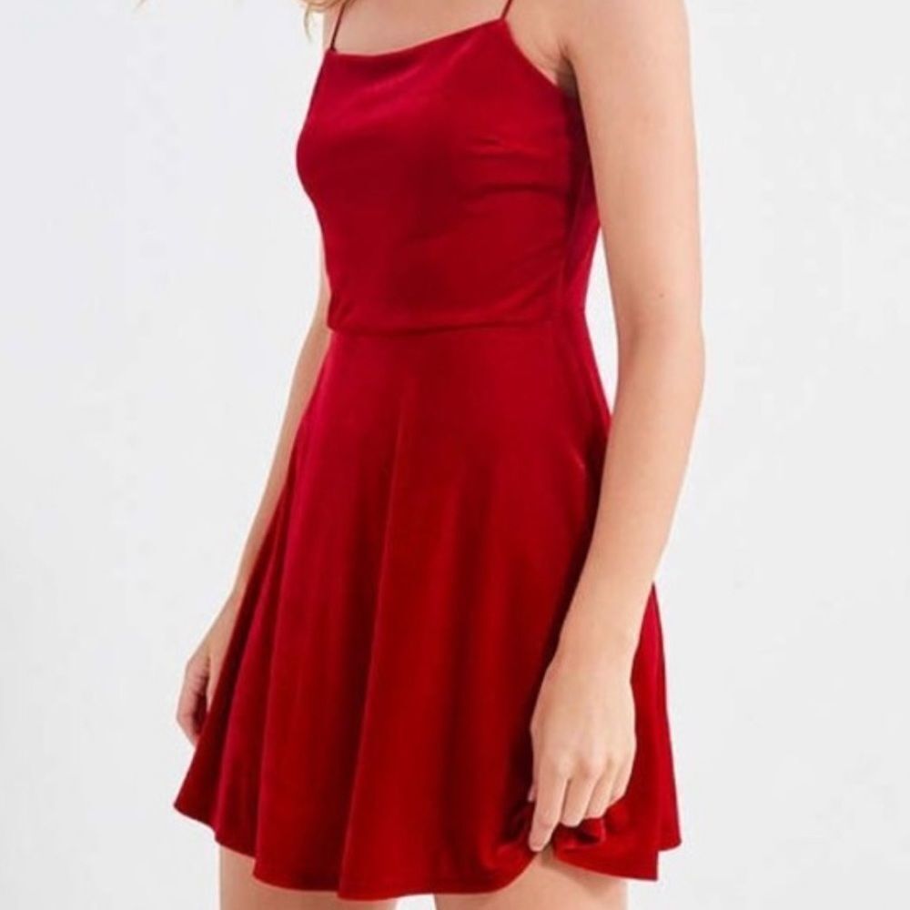 UO Straight Neck Red Velvet Skater Dress - Picture 2 of 8